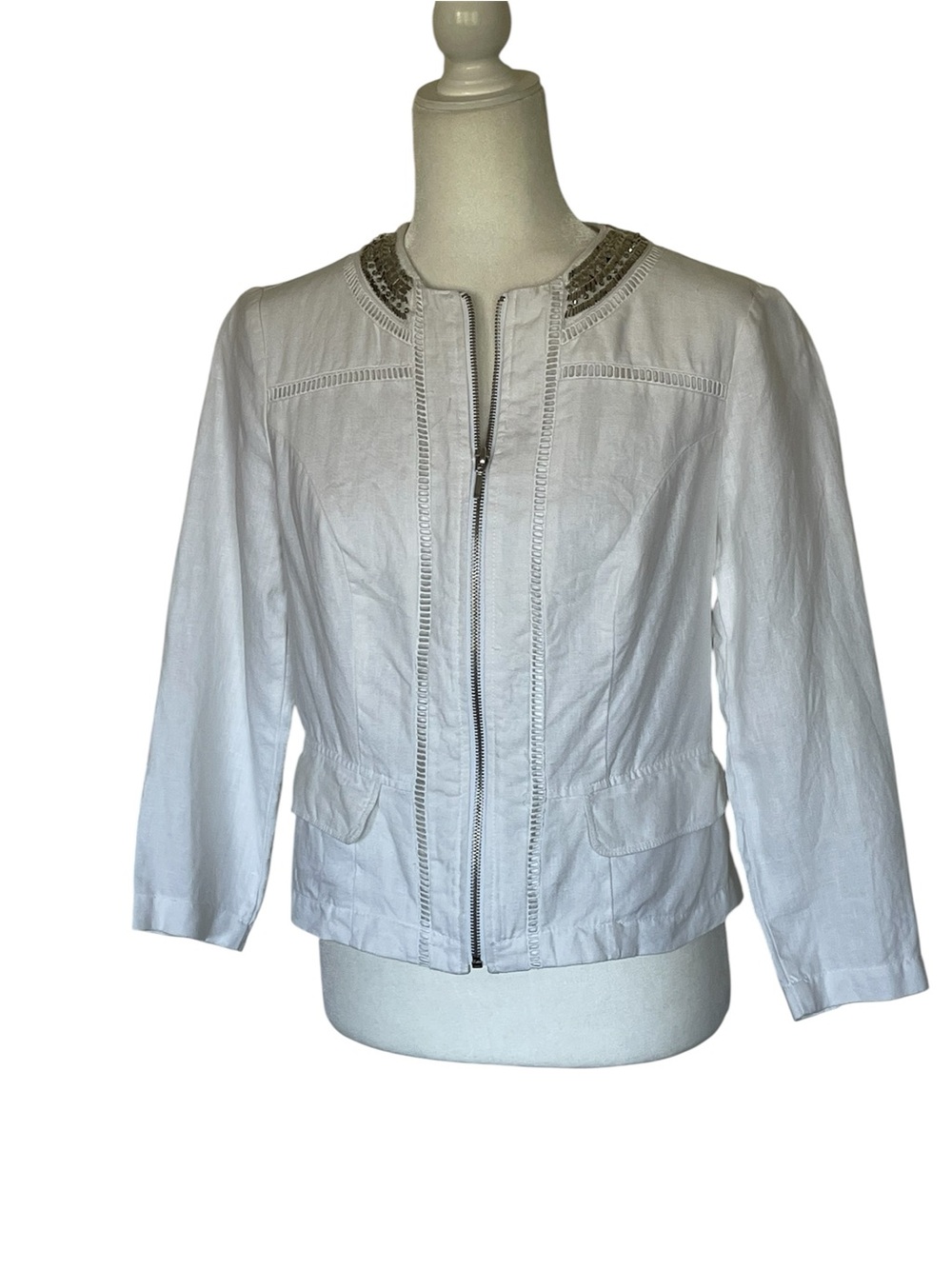 INC International Concepts 100% Linen Embellished Cropped Jacket Coastal Beachy